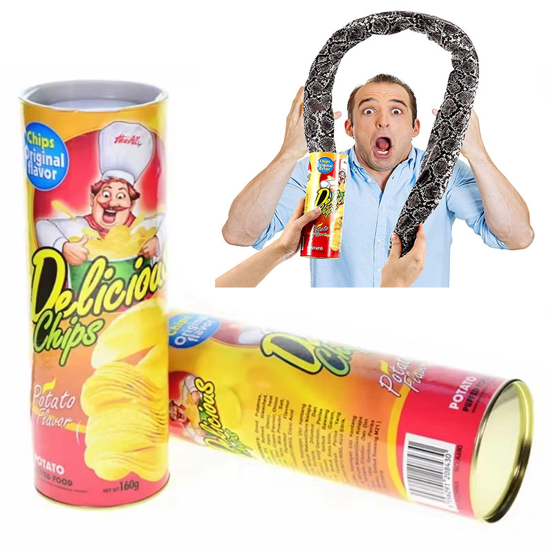 Serpiente con patatas fritas, puede saltar, trucos de magia para escenario, juguete de serpiente de primavera, Día de los Inocentes, bromas para fiesta de Halloween en una lata, broma de regalo