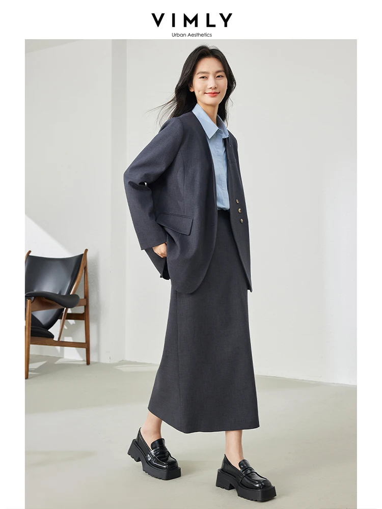 Vimly 2024 trajes de primavera Blazer falda conjuntos de 2 piezas para mujer elegante moda conjuntos a juego chaqueta falda dividida traje con cinturón