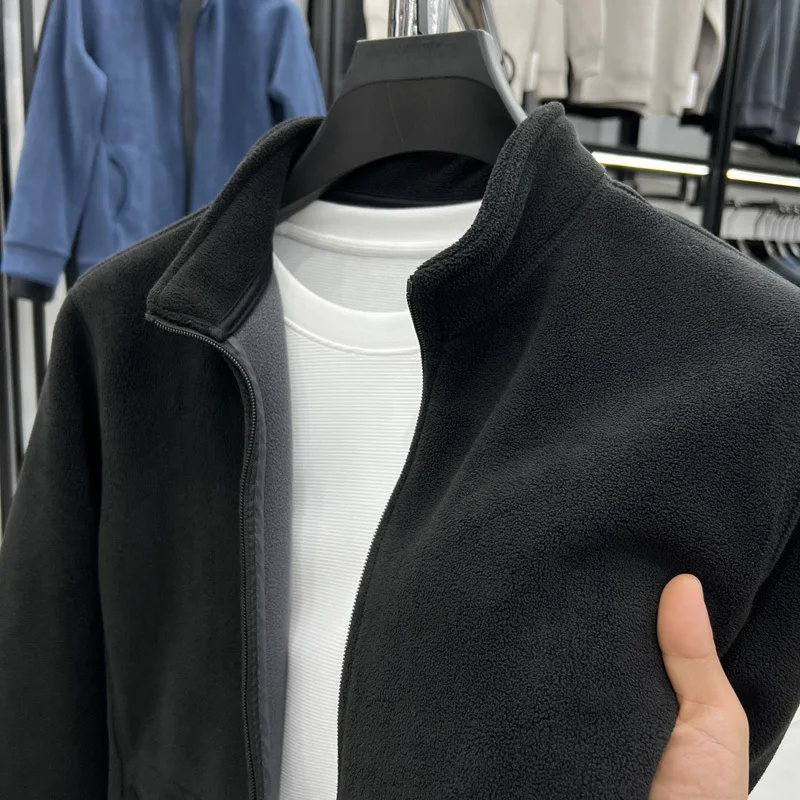 Men's Double-Sided Fce Hoodie Jaet Pure Color Warm Stand Collar Coat Winter Thiened Polyester Long Sve Casual Sle
