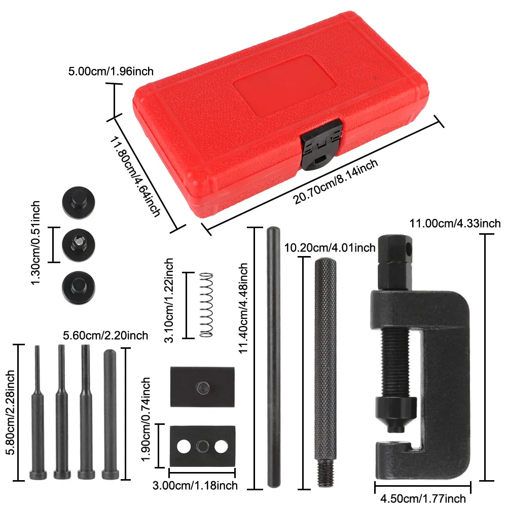 Juego de rebitador de eslabones divisores, Kit de herramientas de reparación de remachado, resistente para motocicleta y bicicleta con caja roja, interruptor de cadena de transmisión de leva, 13 Uds.