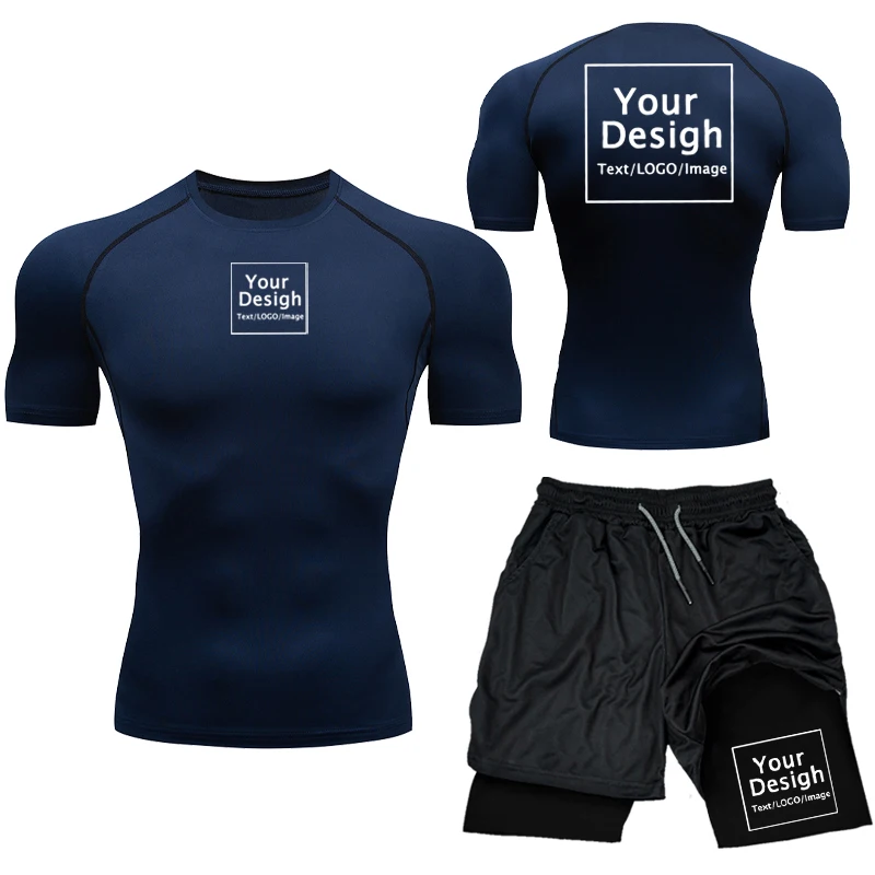 Conjunto de compresión con estampado personalizado para hombre, camiseta de gimnasio con logotipo de tu diseño + pantalones cortos de entrenamiento, trajes de Rashguard de atletismo transpirables de secado rápido