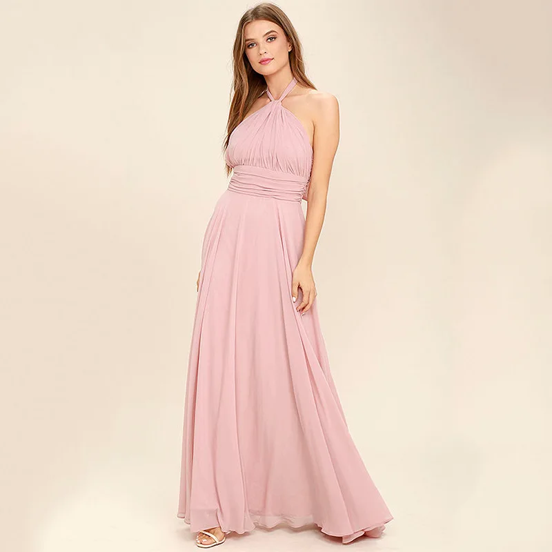 Frauen Sexy Chiffon Neckholder Geraffte Lange Kleid De Formales Sukienki Wizytowe Madre De La Novia Vestidos Der Braut Kleider