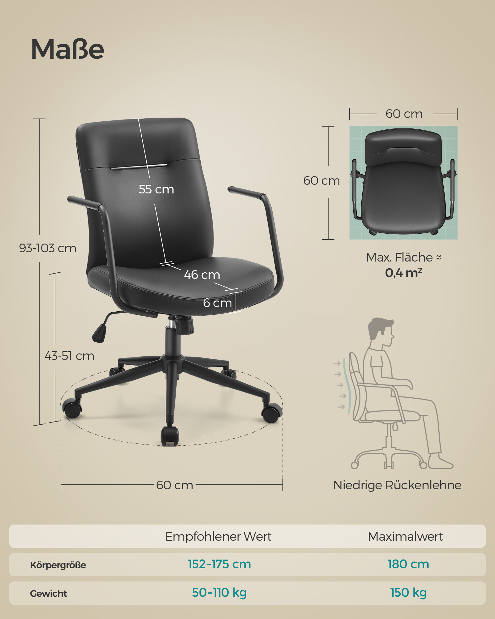 SONGMICS Bürostuhl, Schreibtischstuhl, PU-Oberfläche, leicht zu reinigen, höhenverstellbar