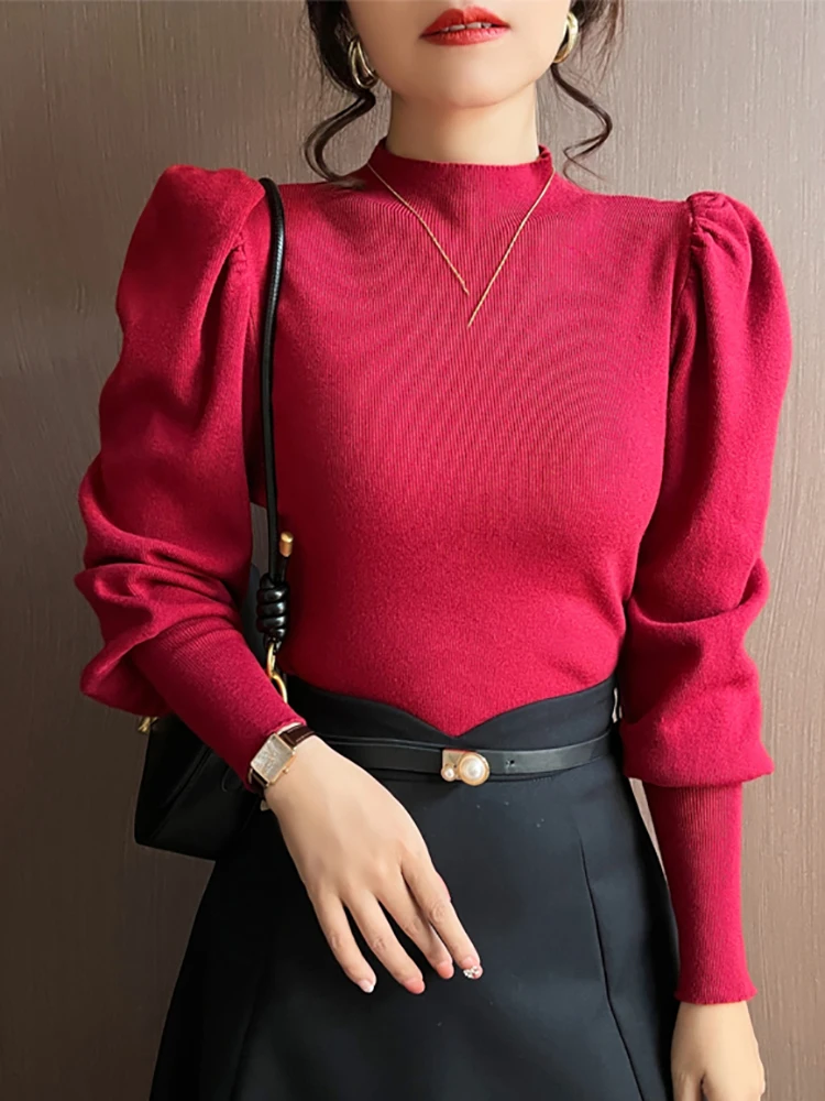 Otoño Invierno suéter de cuello alto ajustado jerseys básicos moda coreana Tops de punto manga abombada suéter para mujer jerséis elásticos