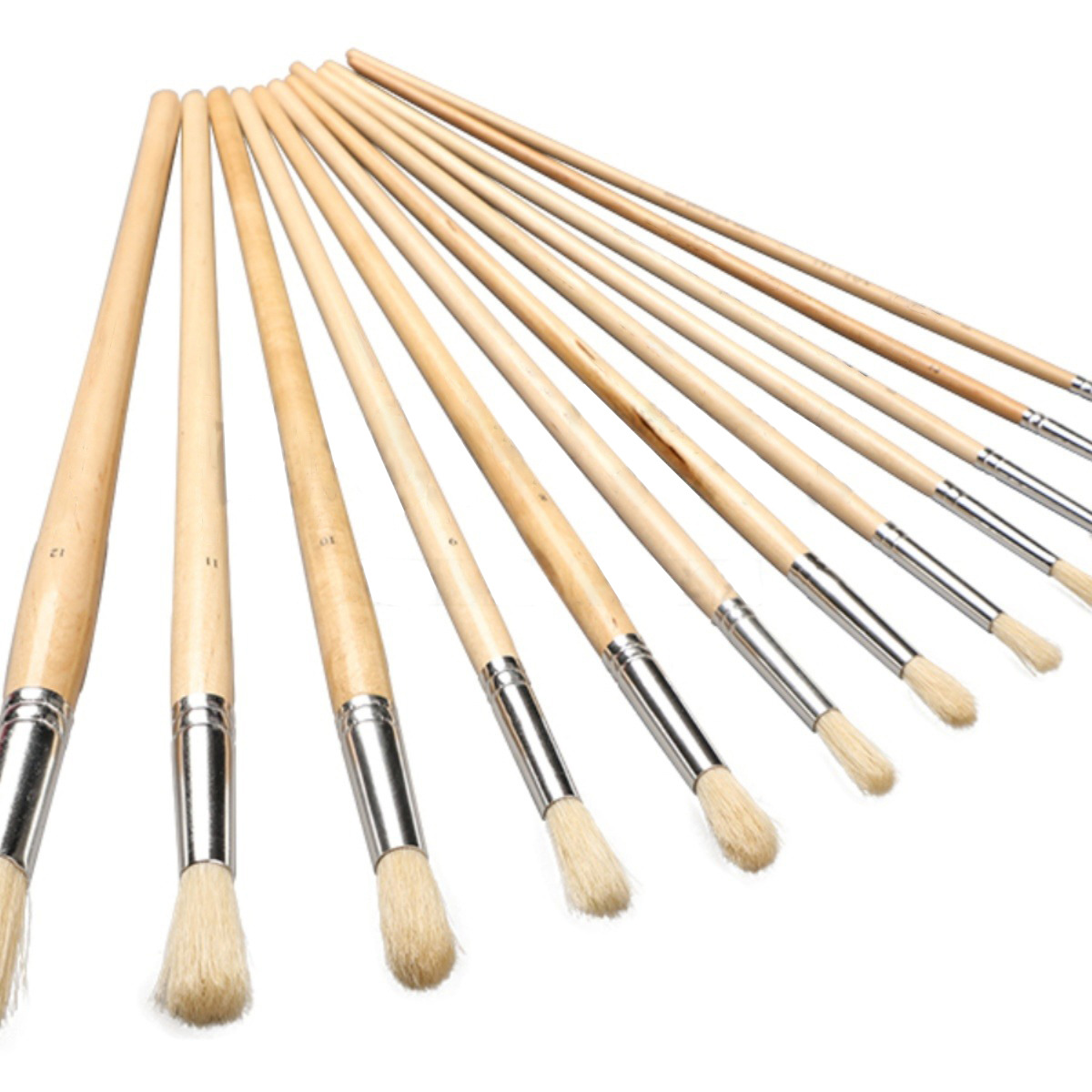 12 Pcs Set Oil Brushes Round Head Pig Bristle Hair Acrylic Art Brushes Long Birch Wood Rod Hand Drawn Row Brush Artist Supply