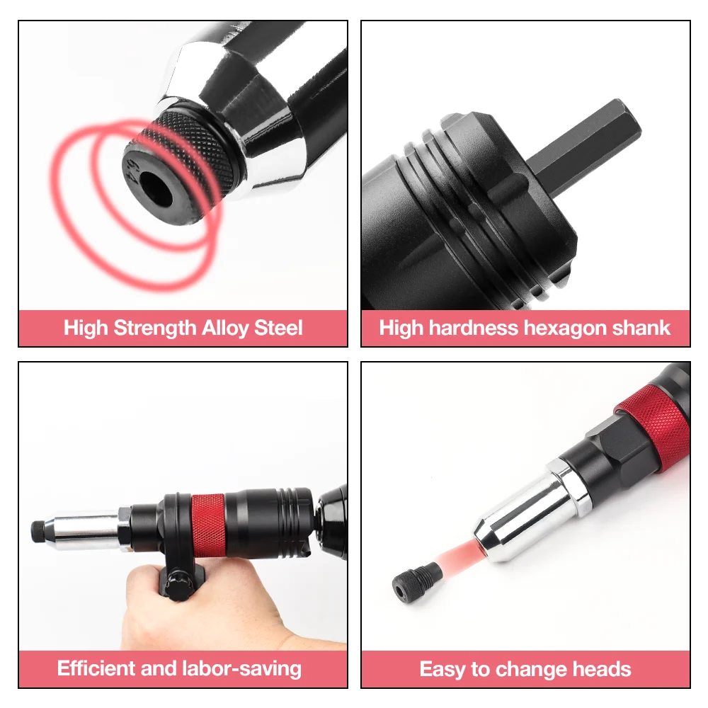 Adaptador de pistola de rebite elétrica de 2,4 / 3,2 / 4,0 / 4,8 / 6,4 mm Kit de rebitagem sem fio Arma de rebite automática com chave e alça adequada para ferramentas de rebitagem sem fio com furadeira elétrica
