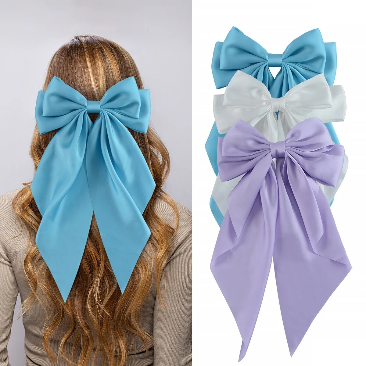 3 pçs grande elegante fita arco grampo de cabelo para mulheres simples cor sólida cetim rabo de cavalo bowknot grampos presilhas acessórios para o cabelo