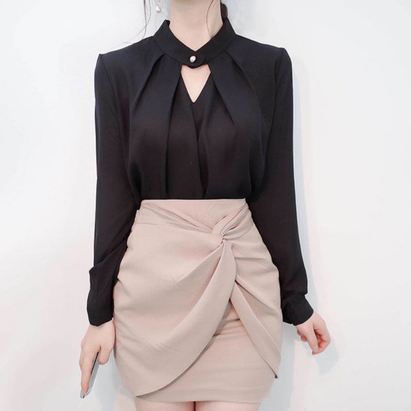 Blusas lisas de gasa para mujer, camisas de manga larga ajustadas con huecos, camisetas básicas sexis que combinan con todo para primavera y verano, Tops finos elegantes para mujer Ins