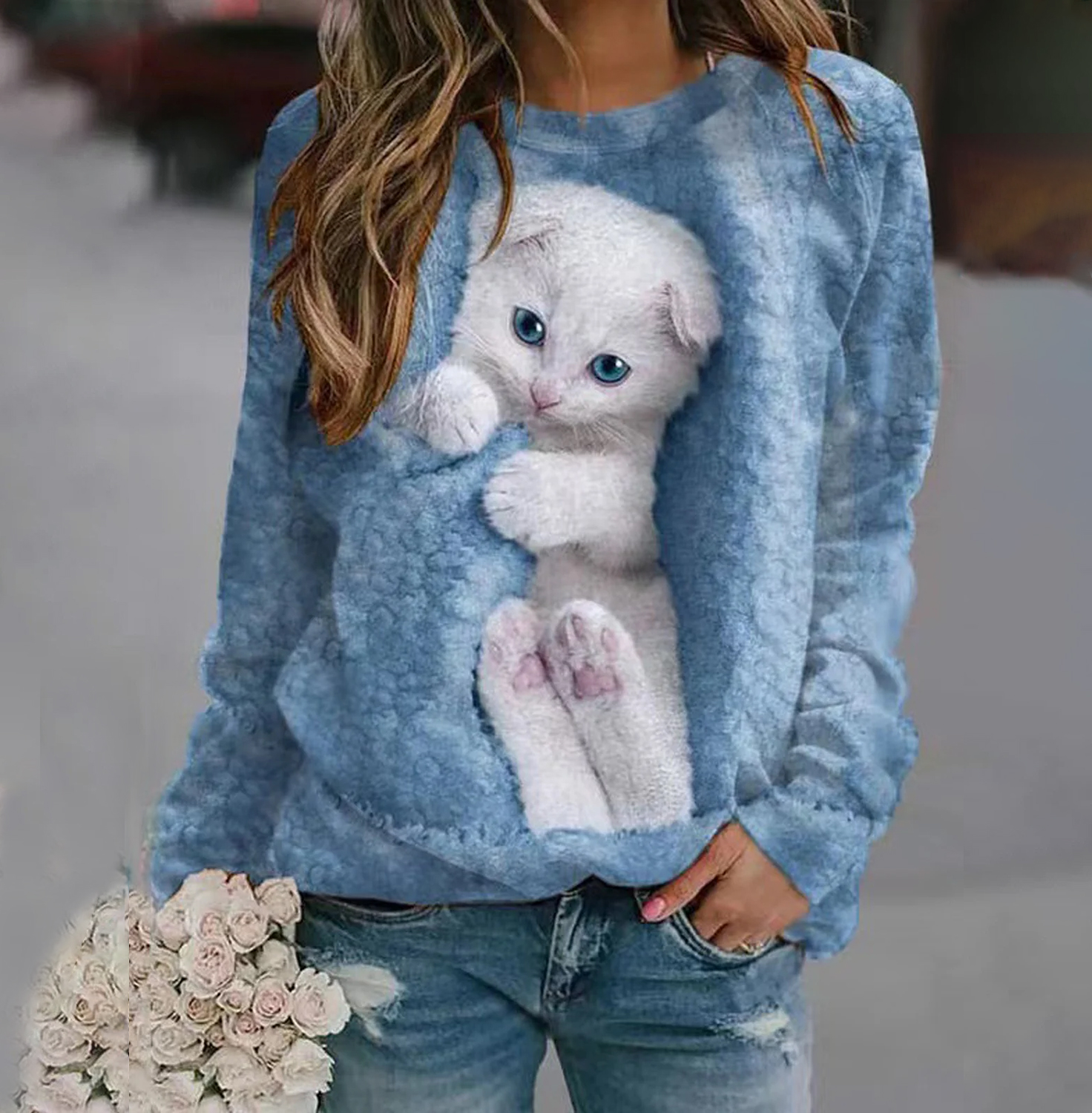 Moletom feminino pulôver gato rua casual branco esportes básico em torno do pescoço manga longa micro-elástico outono & inverno pull on topo