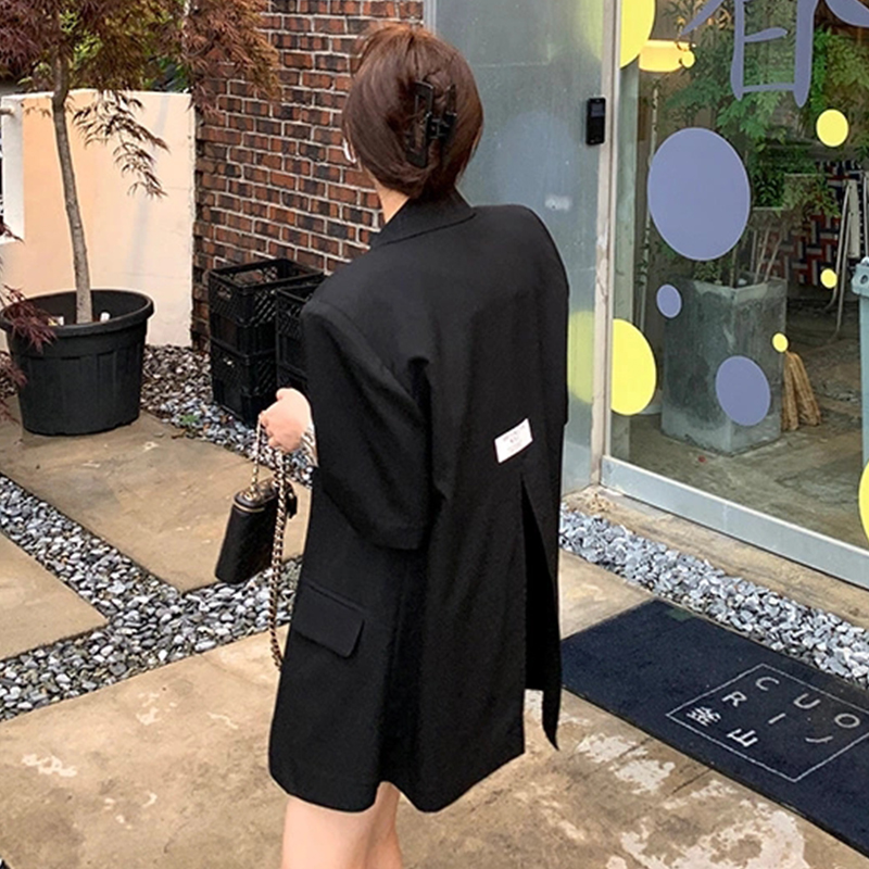 Jaqueta de Terno mata Retro com Design de Costas Abertas e Manga Curta Solta Estilo Versátil Chic Casual para Mulheres