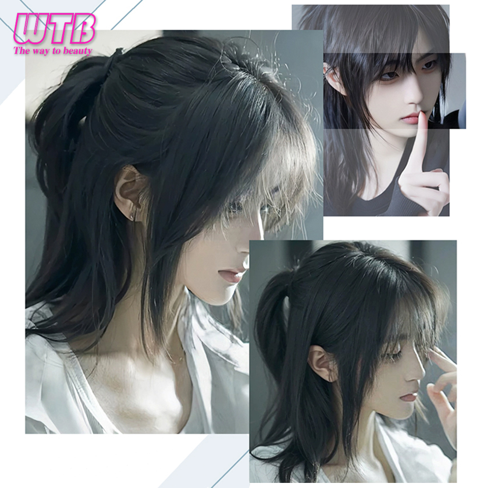 Perucas curtas de tainha com franja para homens, cabelo liso sintético anime, cabelo preto, resistente ao calor, cosplay de festa diária