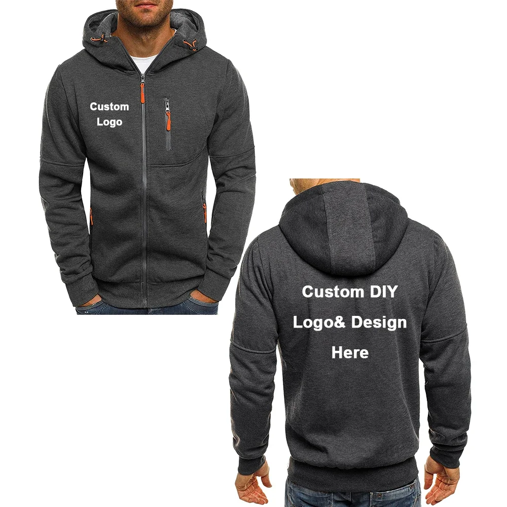 Jaqueta masculina com capuz e zíper com bolsos, texto de imagem com logotipo personalizado, streetwear esportivo casual, suéter de lã cardigã masculino, moda
