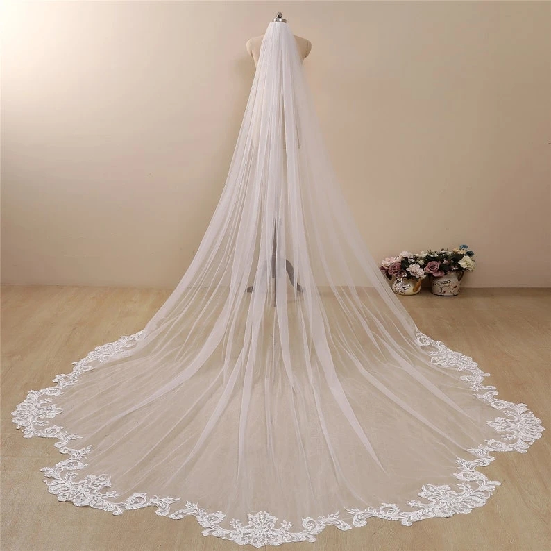 Màu Trắng Thanh Lịch/Ngà Cưới Gân 3 Dài Với Lược Lượn Sóng Ren Mantilla Nhà Thờ Chính Tòa Cưới Cô Dâu Phụ Kiện Gân Veu de Noiva