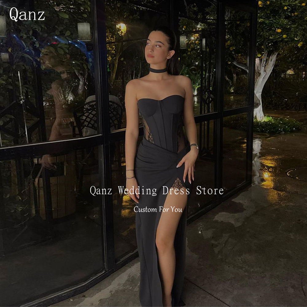 Qanz-vestidos De encaje negro para mujer, vestidos De Noche con escote Corazón, corsé en la espalda, Vestido De satén con abertura alta De sirena elegante, 2024