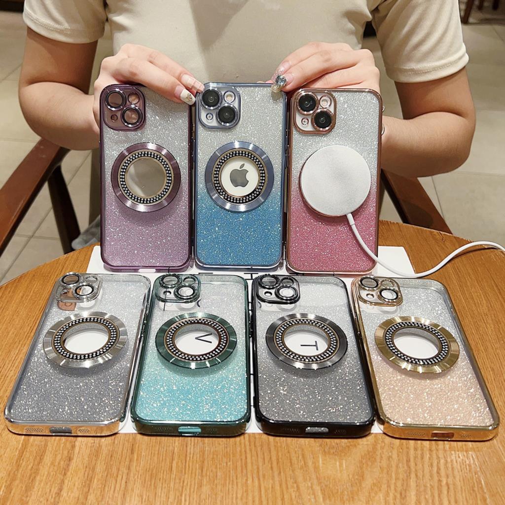 Casing berkilau lubang LOGO berlian mewah untuk iPhone 15 14 Plus 12 11 13 Pro Max Plating bening untuk Magsafe penutup tahan guncangan magnetik