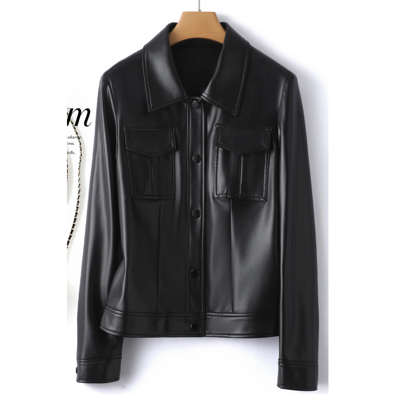 Vestes en peau de mouton pour femmes, col rabattu, boutons couverts, combinaison courte pour dames, noir, décontracté, vêtements en cuir fendu, nouveau, 2024