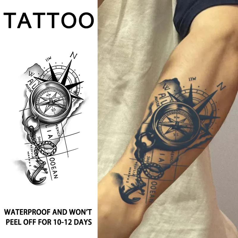 1 Stück Kompass und Anker Nautische wasserdichte temporäre Tattoo-Aufkleber, langlebig wasserdicht für ein bis zwei Wochen, für Arm, Bein