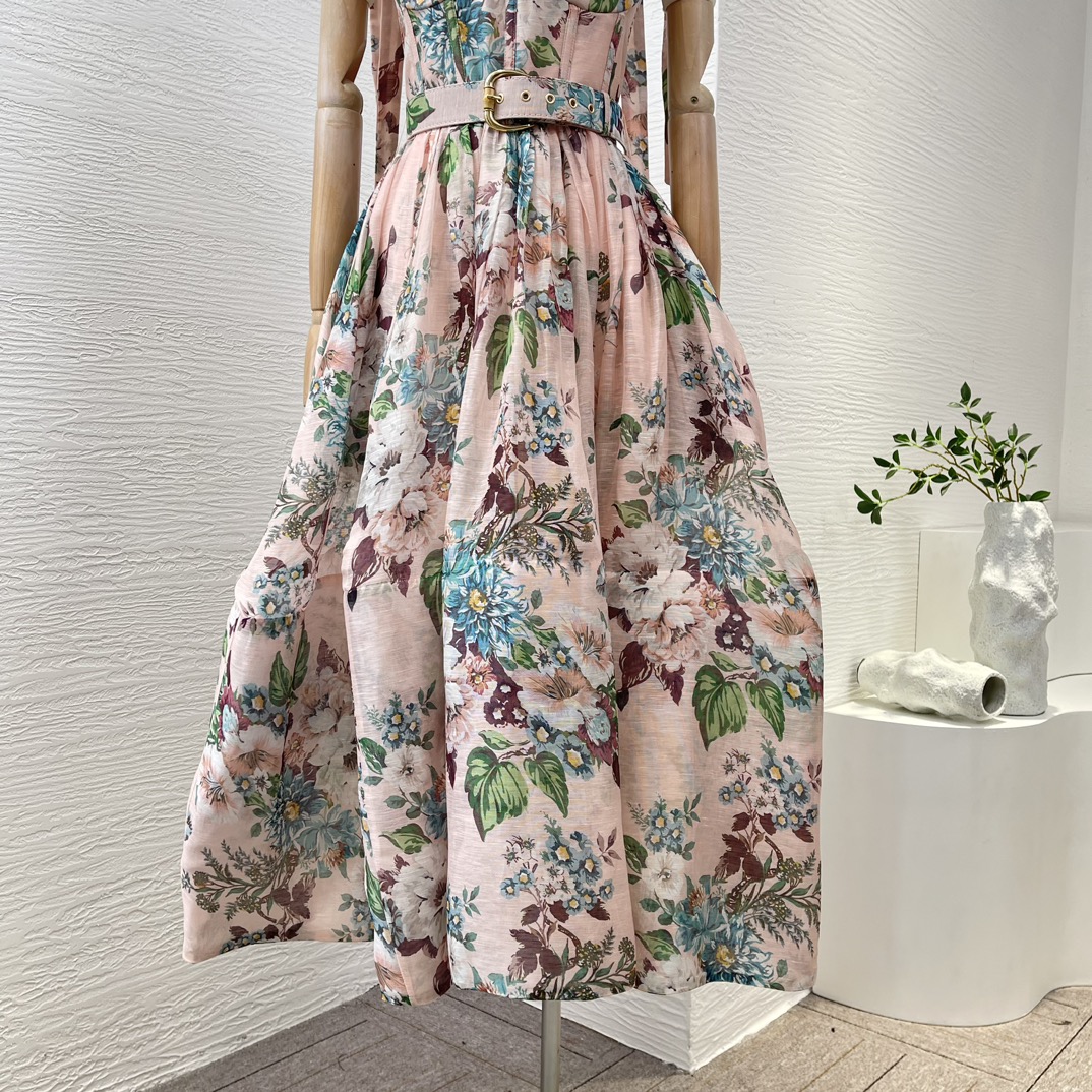 Gaun Midi Spaghetti Wanita Bertali Shirred Lipatan Tanpa Tali Tanpa Lengan Kualitas Tinggi Sutra Linen Cetak Bunga Merah Muda untuk Liburan