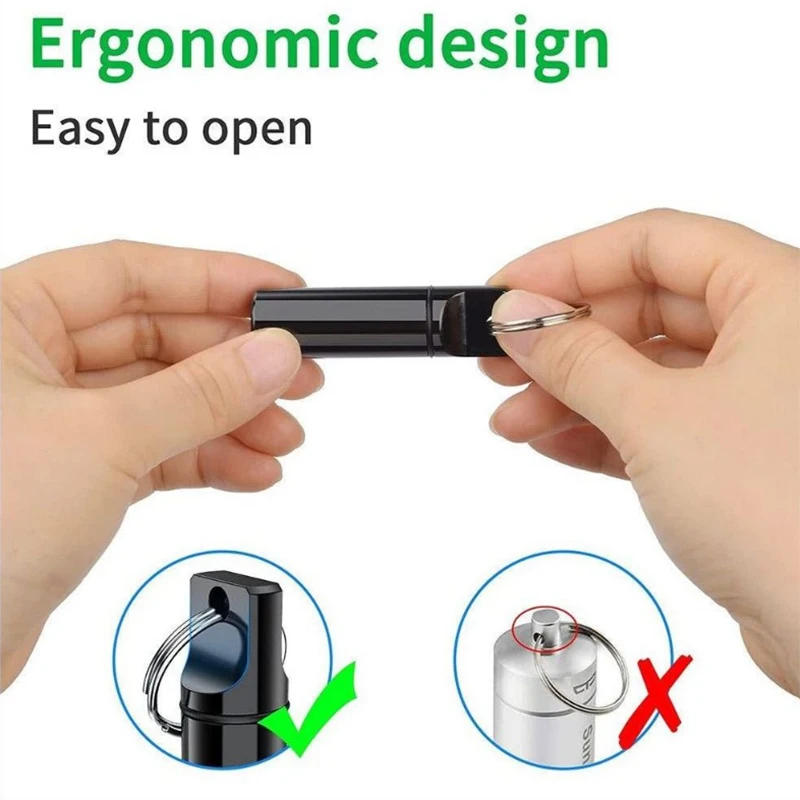 Aluminum Waterproof Pill Box Cases with Sealed Storage, Flat Head, Round Alloy Cartridge and Keychain for Vitamin Fish Oils