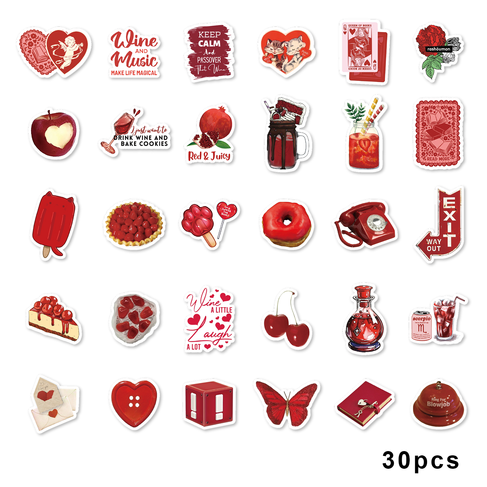 30pcs Rose, Cherry Red Graffiti Stickers Decorated Notebook Water Cup Suitcase Guitar Classic Toy Scrapbook Waterproof PVC Decal