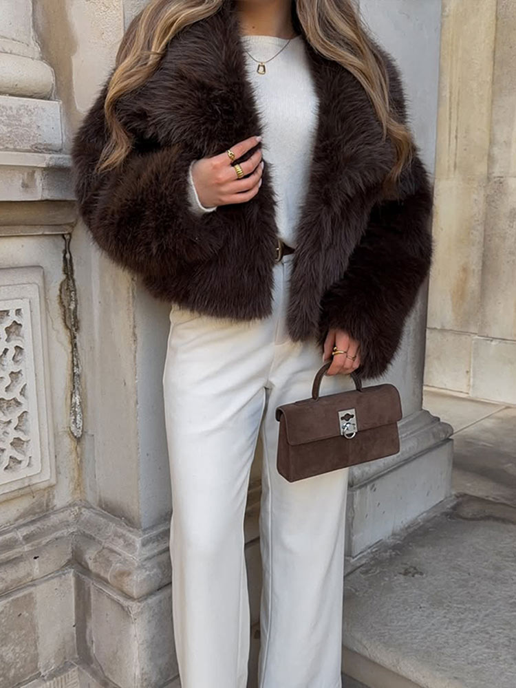 Herz drehen-unten Kragen Faux Pelz Mäntel Frauen Elegante Braun Lange Ärmeln Mantel Weibliche Herbst Verdickung Kurze High Street outwears