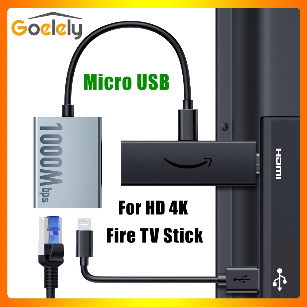 Goelely 2025 Новый Ethernet-адаптер Micro USB для Fire TV Stick 1000 Мбит/с RJ45 TV Stick Адаптер, совместимый с Fire TV Stick 4K