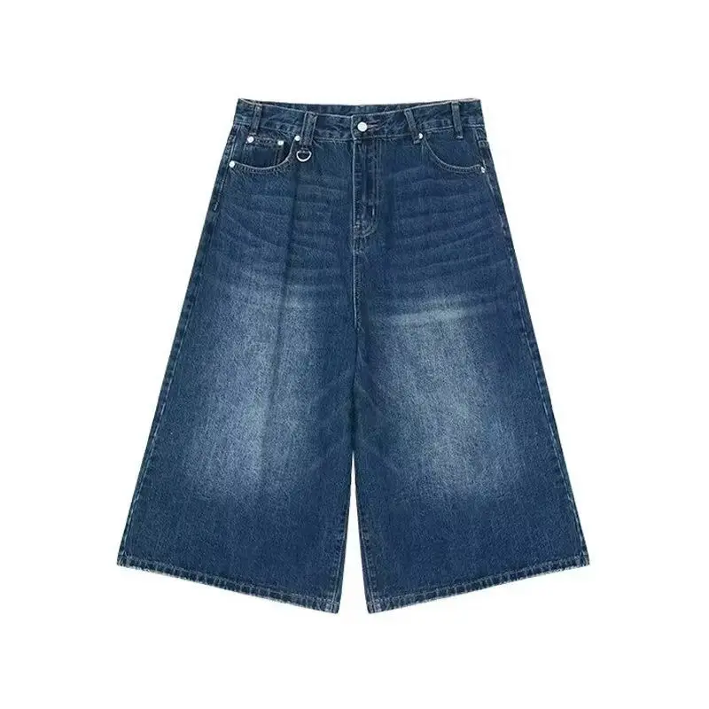Retro Y2k Baggy ผู้หญิงผู้ชายสีดํากางเกงยีนส์ต่ําเอวสบายๆกางเกงกว้าง Frayed Denim กางเกงขาสั้นเสื้อผ้าขนาดใหญ่