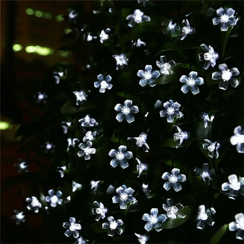 Guirnaldas de luces alimentadas por energía Solar para exteriores, 5M, 20LED, impermeables, 8 modos, funciona con pilas, flor de cerezo, decoración navideña para fiesta de jardín