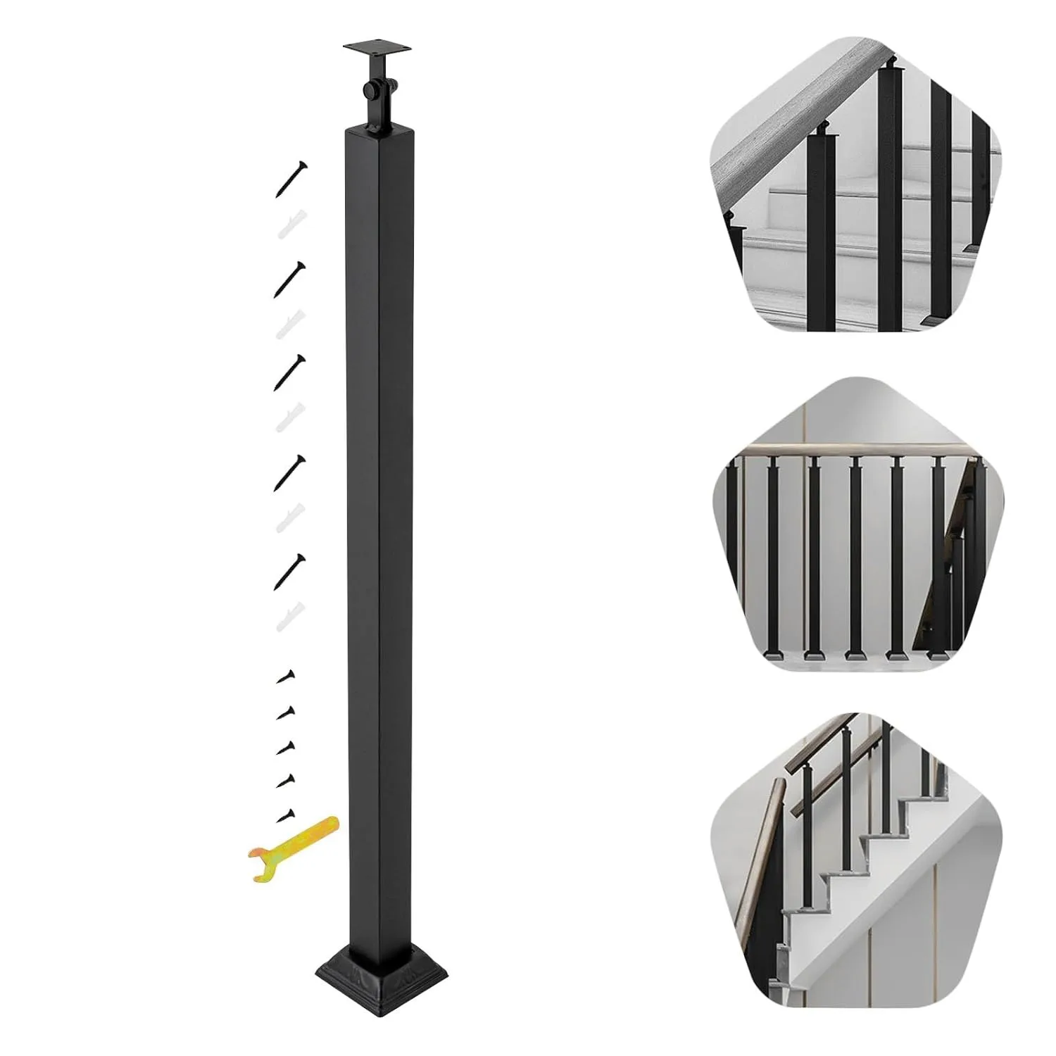 Balusters Deck Spindles Black Deck Wrought Iron Staircase with Screws Adjustable 270° Bracket for Steps, Garden, Outdoor Stairs