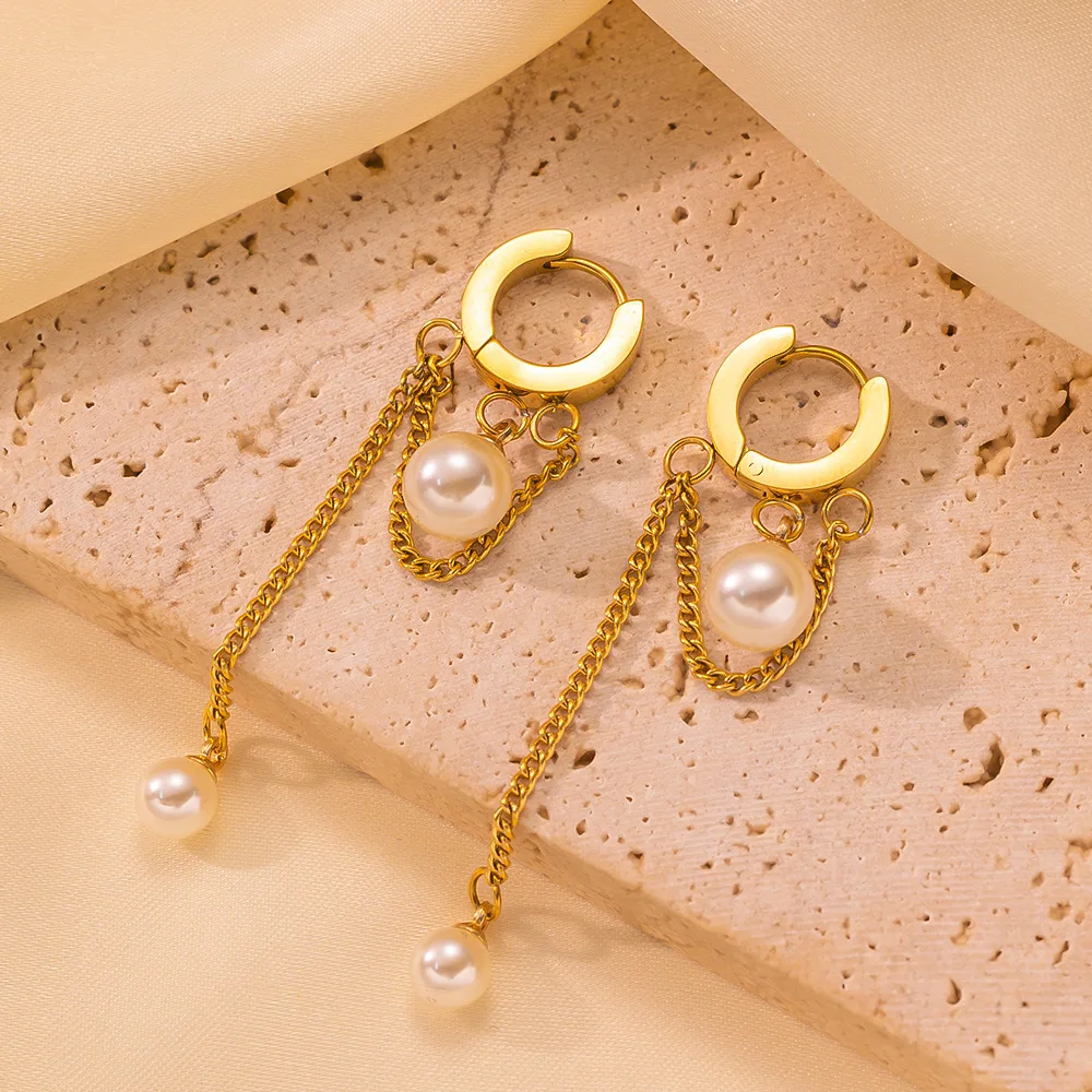 Anting-anting baja tahan karat mutiara imitasi untuk wanita gadis anting-anting Pesta rumbai panjang romantis berlapis emas perhiasan modis