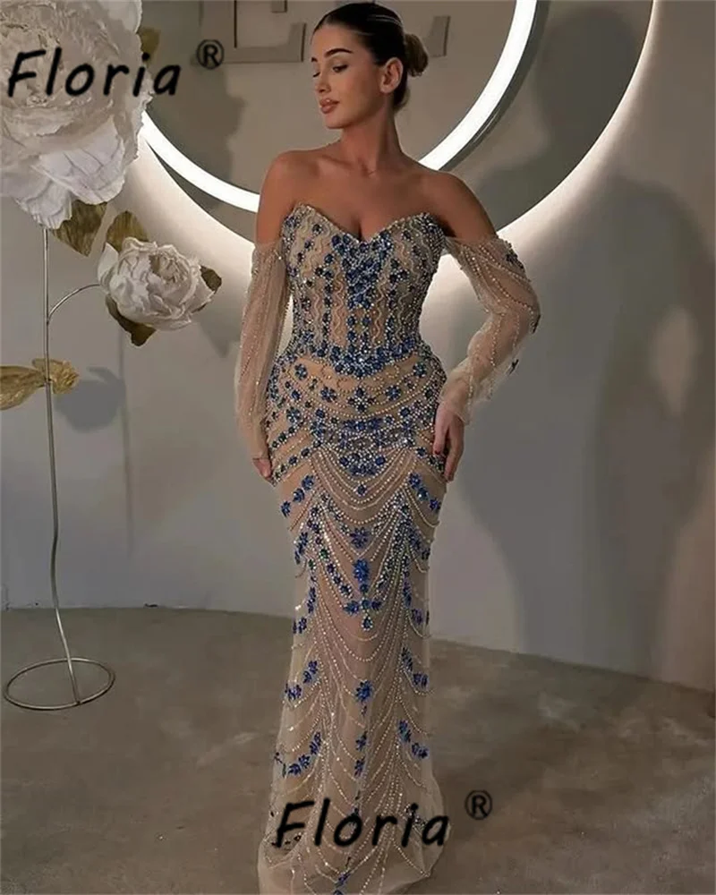 Luxo nu sereia vestido de noite pesado prata azul contas pedras celebridade vestido de festa alta costura personalizado vestidos de ocasião formal