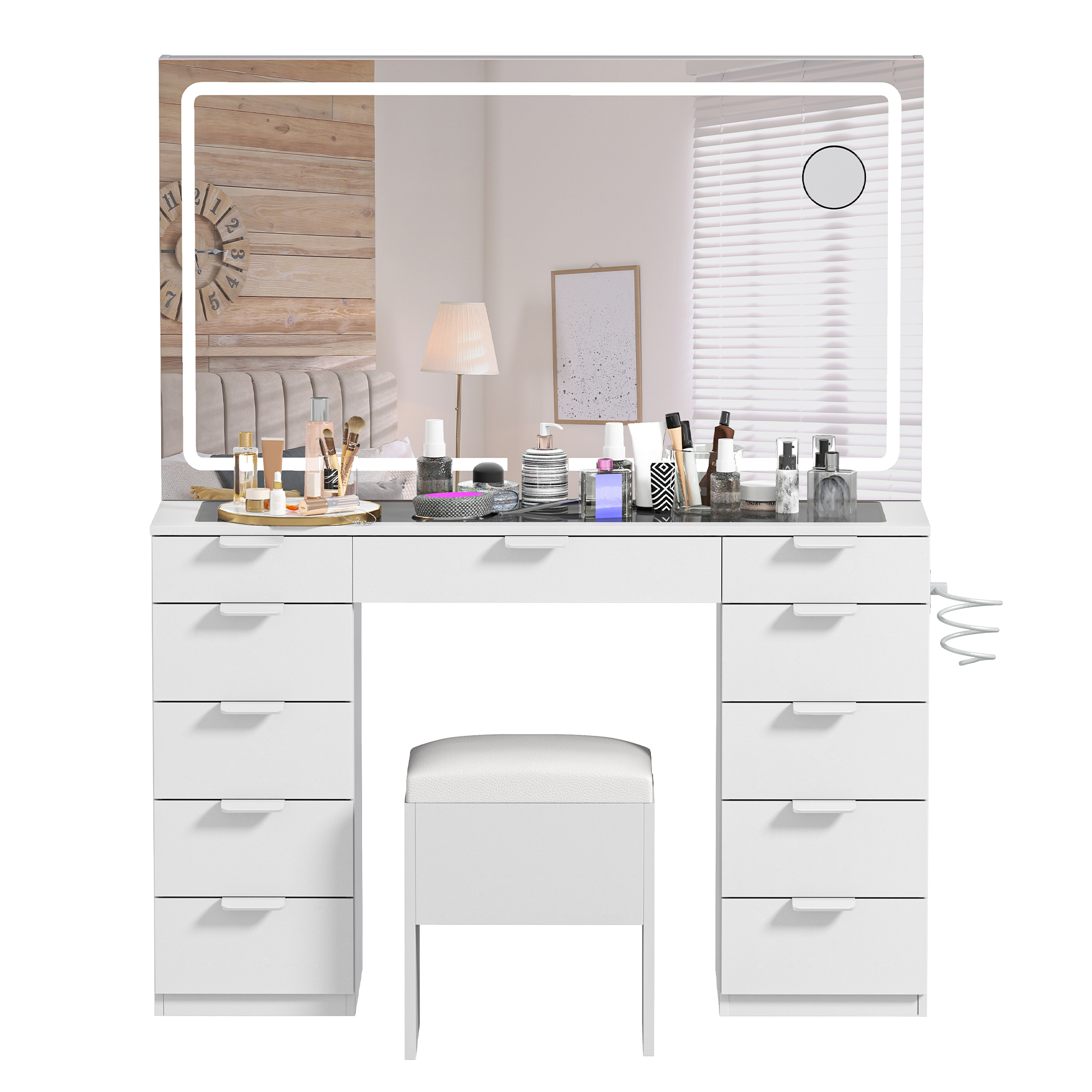 YITAHOME Mesa de tocador grande blanca con iluminación LED ajustable, tomas de corriente, espejo, tapa de cristal, 11 cajones, taburete incluido