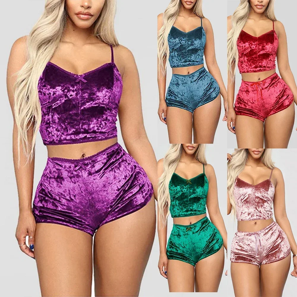 Ropa interior cómoda de terciopelo y poliéster con cuello en V para mujer, camisola + pantalones cortos, conjunto de pijamas, ropa para el hogar, Top sin mangas, pantalones cortos