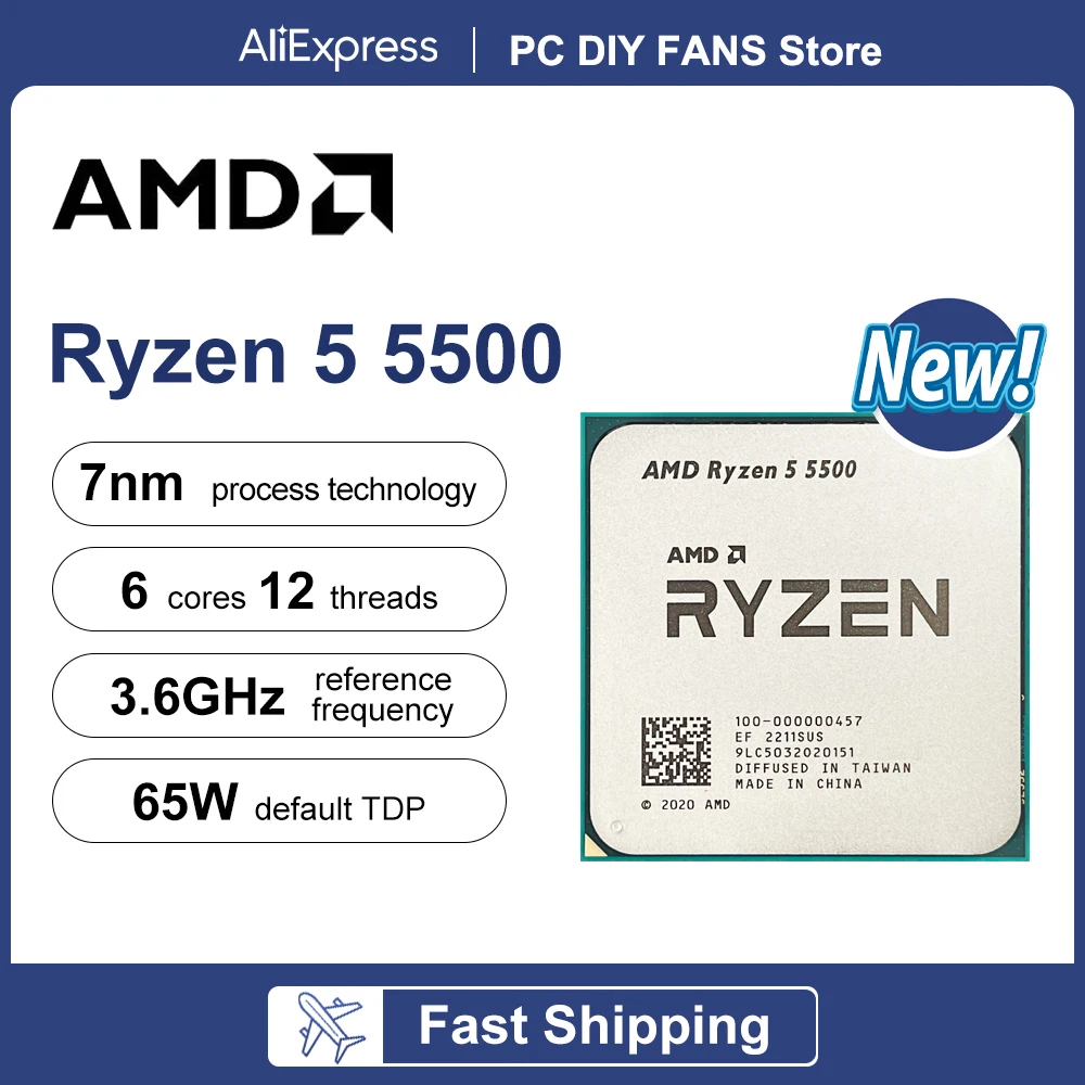 AMD Ryzen 5 5500 NEW CPU 3.6 GHz 6-Core 12-Thread R5 5500 L3=16M Socket AM4 7NM DDR4 Processor 65W but without cooler