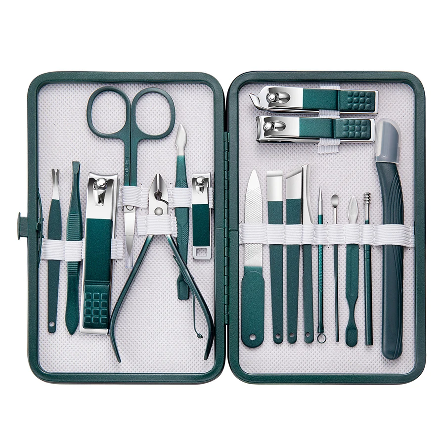 Set manicure verde con custodia in pelle Kit di strumenti professionali per la cura del piede e del viso Set di tagliaunghie in acciaio inossidabile regalo