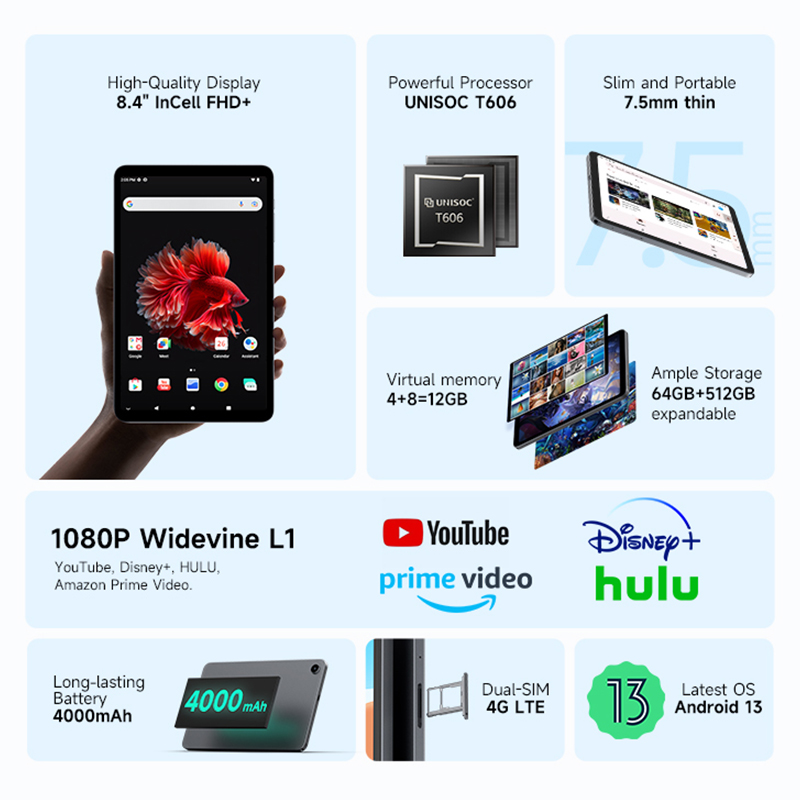 Alldocube-Tablet Memória Virtual iPlay 50 Mini, 8GB + 4GB RAM, 128GB ROM, Dual 4G, Android 13, Widevine L1, Tiger T606, 8.4"