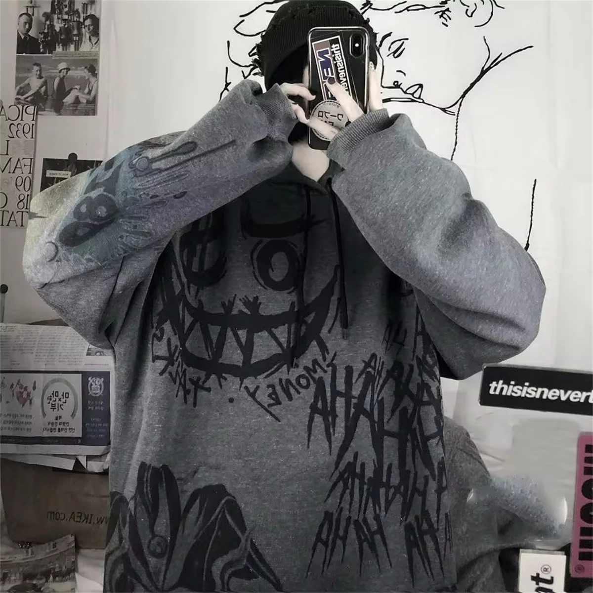 Gótico japão dos desenhos animados hip hop moletom com capuz oversize feminino primavera outono engraçado punk hoodies topos roupas femininas com capuz menina