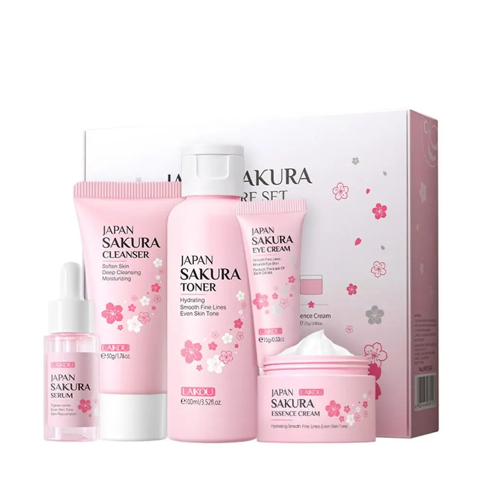 Sakura-フェイシャルスキンケアセット,フェイスクリーム,美容液,フェイシャルクリーナー,アイクリーム,ギフトボックス,フェイス製品,5個/セット