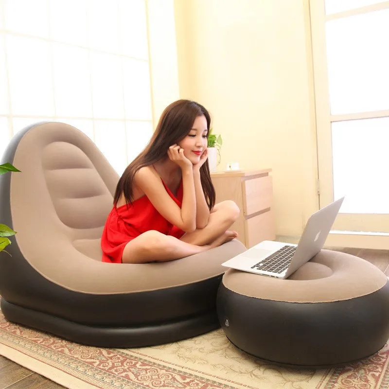 Poltrona preguiçosa inflável Sofá dobrável flocado em PVC com conjunto de chaise longue para almoço pull-on
