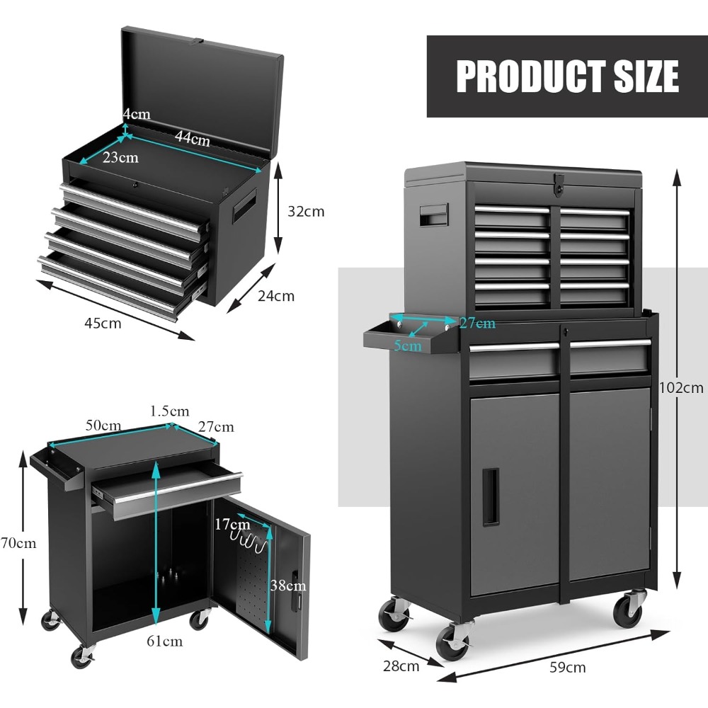 Large Rolling Cabinet, 2-in-1 Detachable Metal Tool Chest with Drawers, Hooks & Pegboard, Lockable Tool Box Trolley, Workbenches