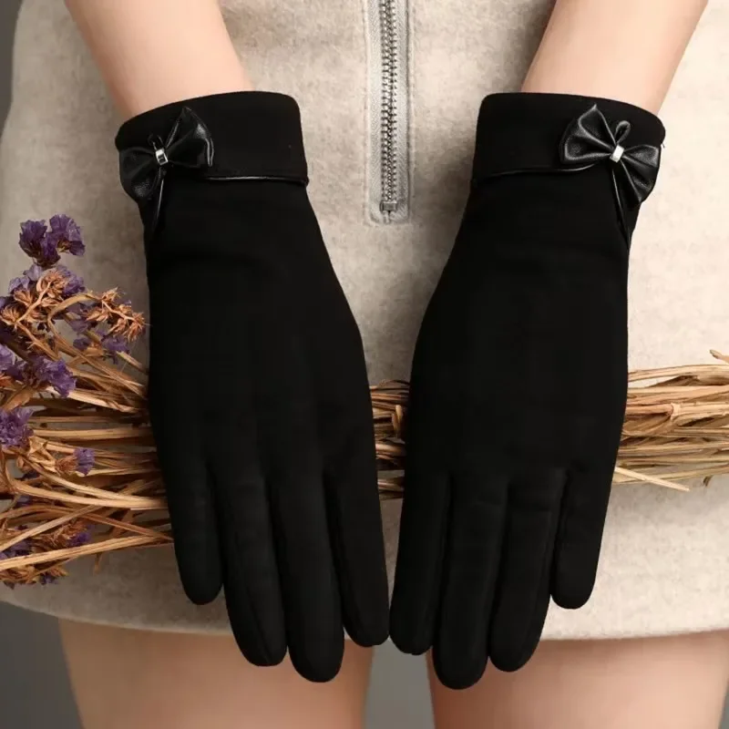 ผู้หญิงใหม่ Keep WARM Touch Screen PLUS กํามะหยี่ภายใน Thicken Windproof ขี่จักรยานน่ารักน่ารัก Bowknot Elegant ความยืดหยุ่นถุงมือนุ่ม