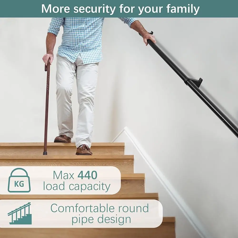 Indoor Outdoor Stair Railing Heavy Duty Metal Handrail 1.5in Diameter Industrial Style 440LBS Load Capacity Easy Installation