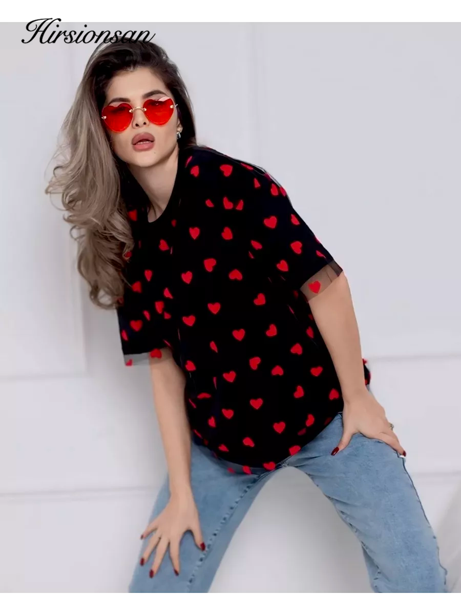 Hirsionsan-Camiseta Vintage de retales de malla con forma de corazón para mujer, ropa de calle, camiseta elegante estética, Tops informales de algodón de manga corta Y2k