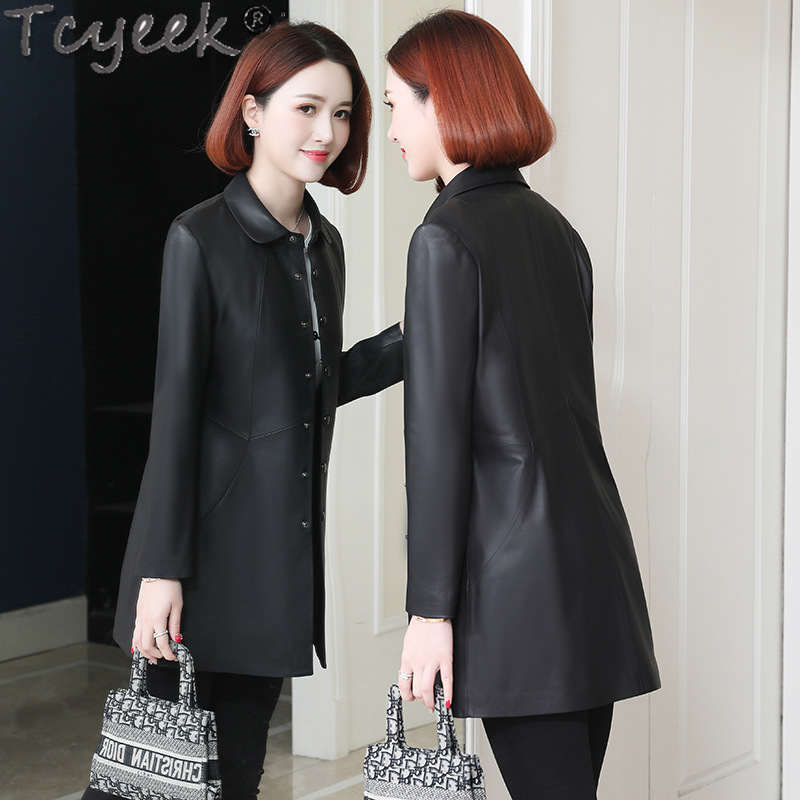 Tcyeek-女性用本革ジャケット,ミドル丈コート,シープスキンジャケット100% 枚,春秋服