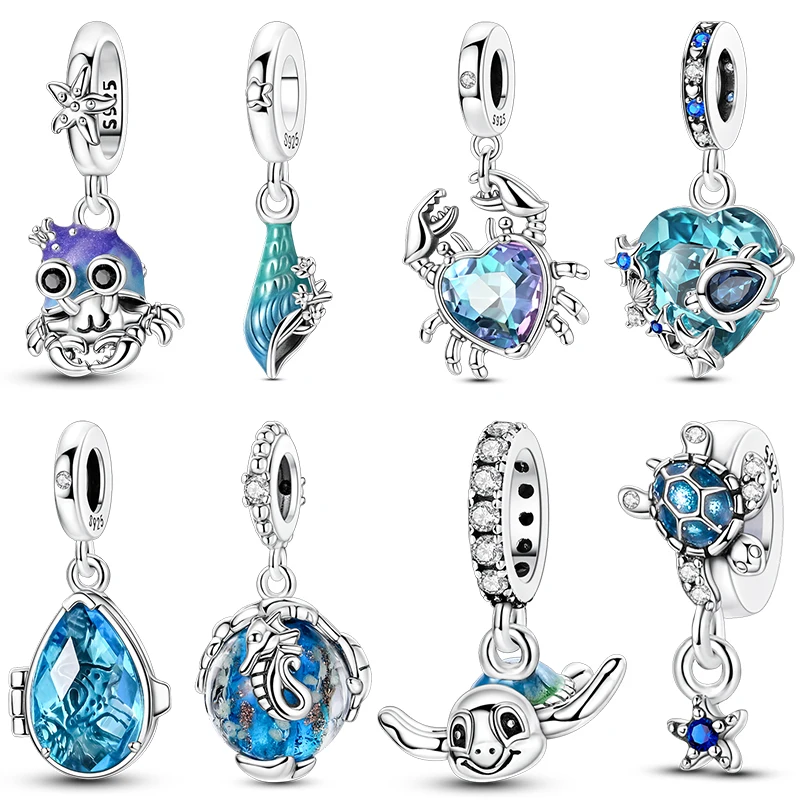 925 prata esterlina encantos contas verão oceano tartaruga caranguejo praia concha azul charme pingentes para mulheres diy pulseira jóias presente