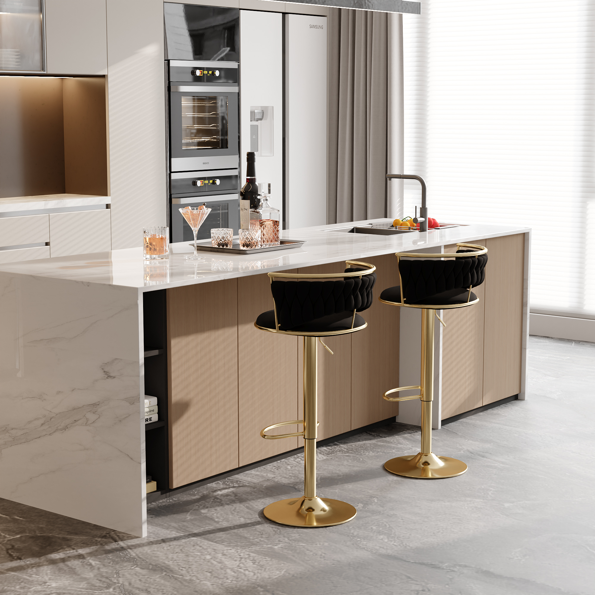 Taburetes de Bar de terciopelo giratorio 360 °, Juego de 2 sillas de mostrador ajustables con reposapiés para cocina, comedor, 2 unidades por juego