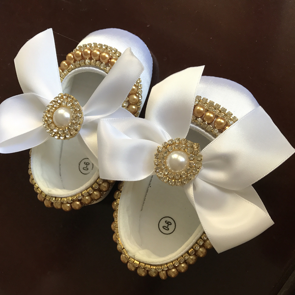 Dollbling Princess Girl Off-white Pearls Ordinal Rhinestone Comfortable Soft Cotton Inner Hook and Loop Toddler Crib Shoes