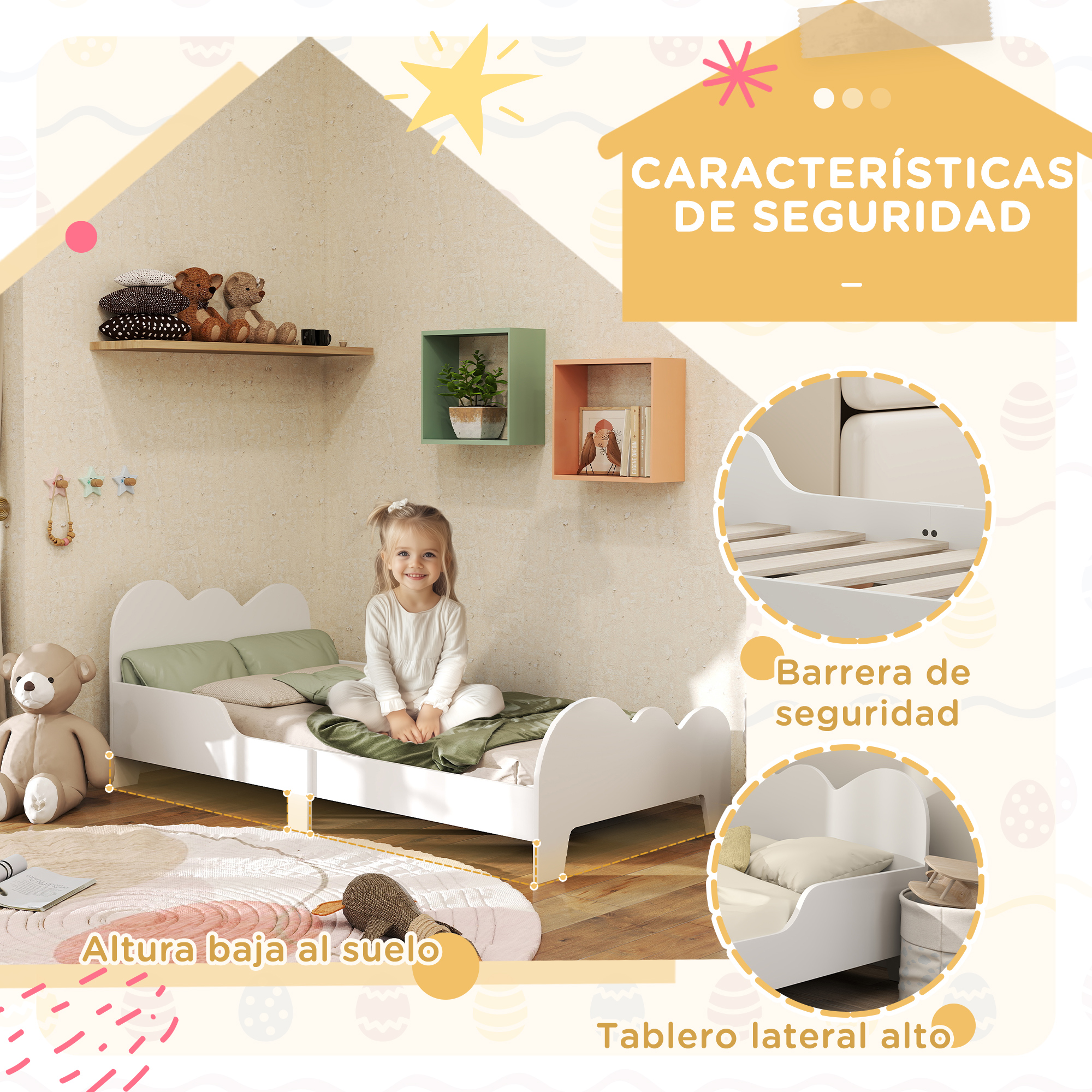 AIYAPLAY Cama para Niños de +3 Años 140x70 cm con Barandilla Carga 80 kg Blanco