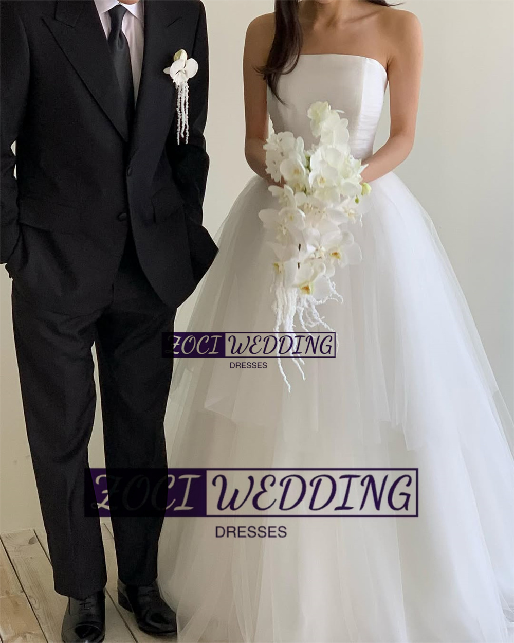 Zoci Elegant Strapless Korea A Line Wedding Dresses Shoulder Cape Photo Shoot Dress Customized Draped Tulle Backless Bridal Gown