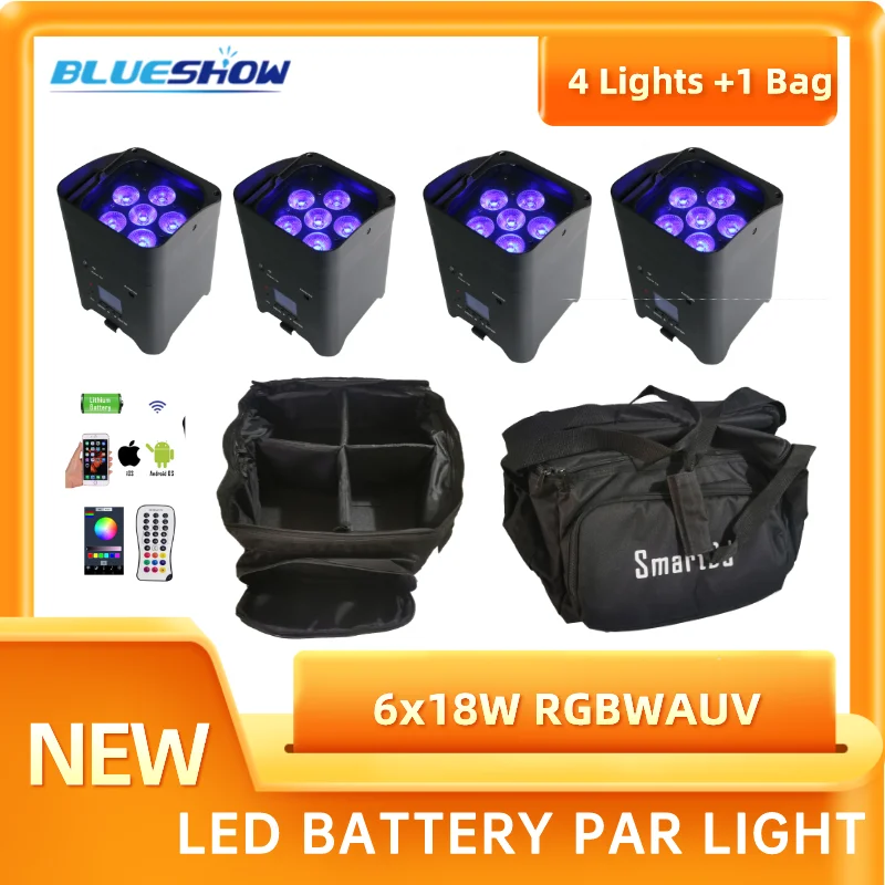 4 szt. Bezprzewodowych reflektorów par LED z torbą, 6x18W RGBWAUV 6w1, zdalnie sterowane, przenośne oświetlenie sceniczne LED